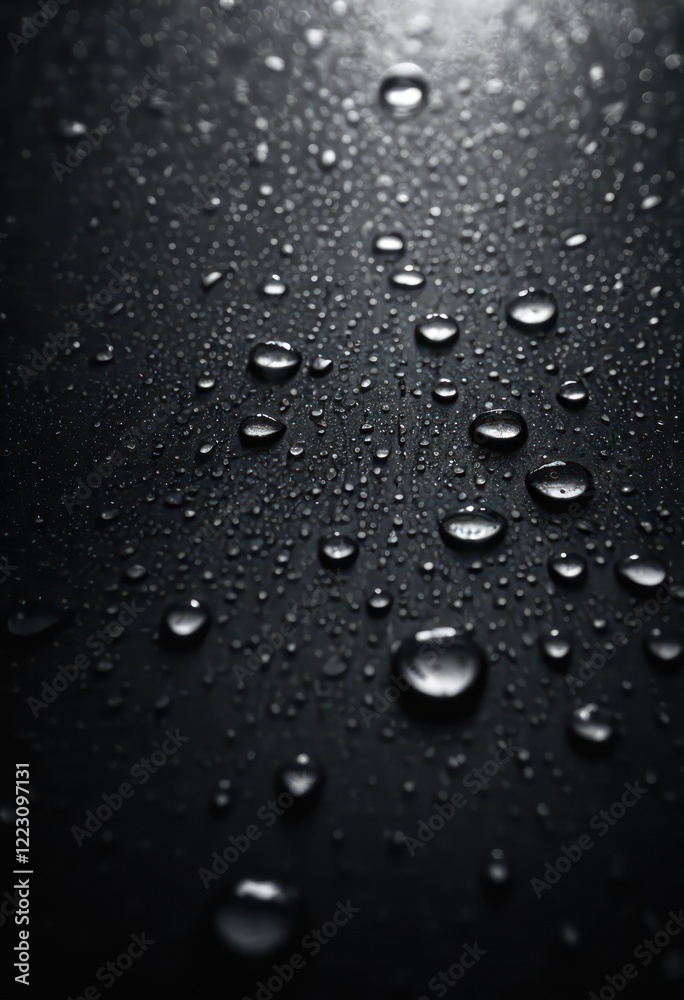Macro Close-Up of Crystal-Clear Water Droplets Glistening on a Dark Textured Surface Wallpaper Background