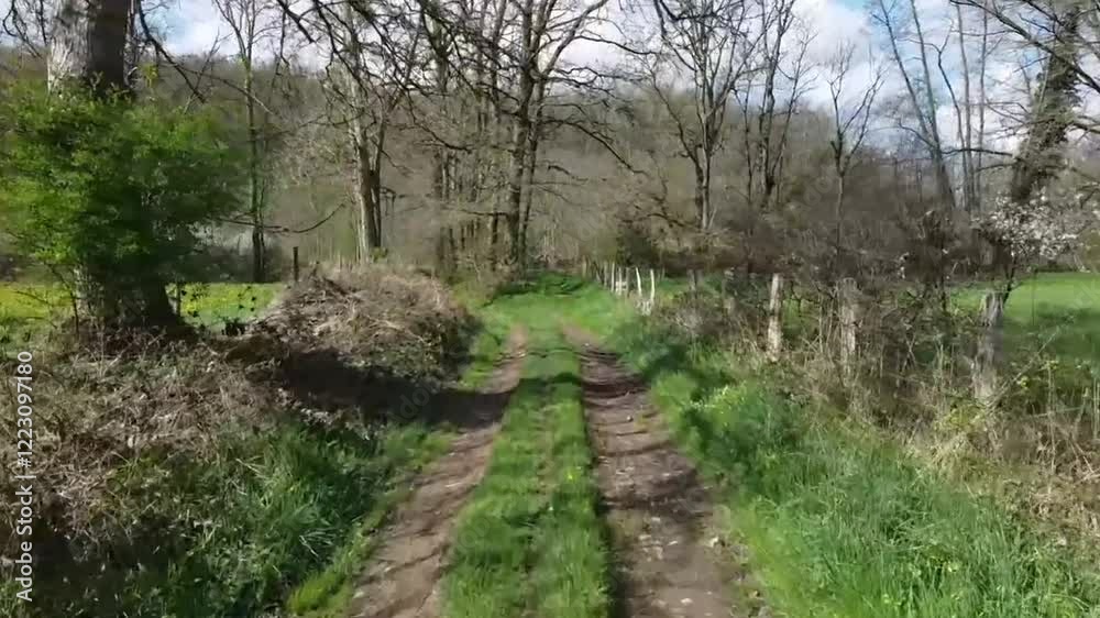 Aerial video over green countryside with streams and bridges in Roanne France