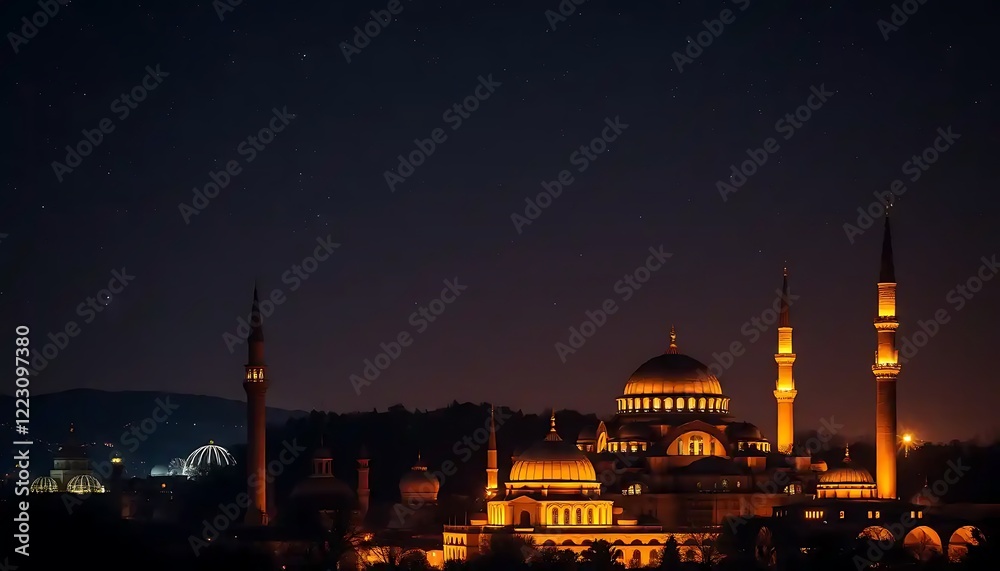 Obraz premium Illuminated Mosque at Night Under Starry Sky