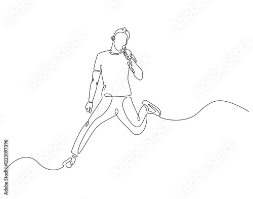 Continuous one line drawing of singer jump and holding microphone. One line drawing illustration of man singing and jump. Musician perfomance concept single line. Editable outline
