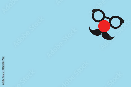 Minimalist design of clown glasses, a red nose, and a mustache on a bright blue background, symbolizing April Fools humor.