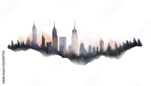 Watercolor skyline blending urban architecture with forested landscape at sunrise