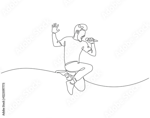 Continuous one line drawing of singer jump and holding microphone. One line drawing illustration of man singing and jump. Musician perfomance concept single line. Editable outline