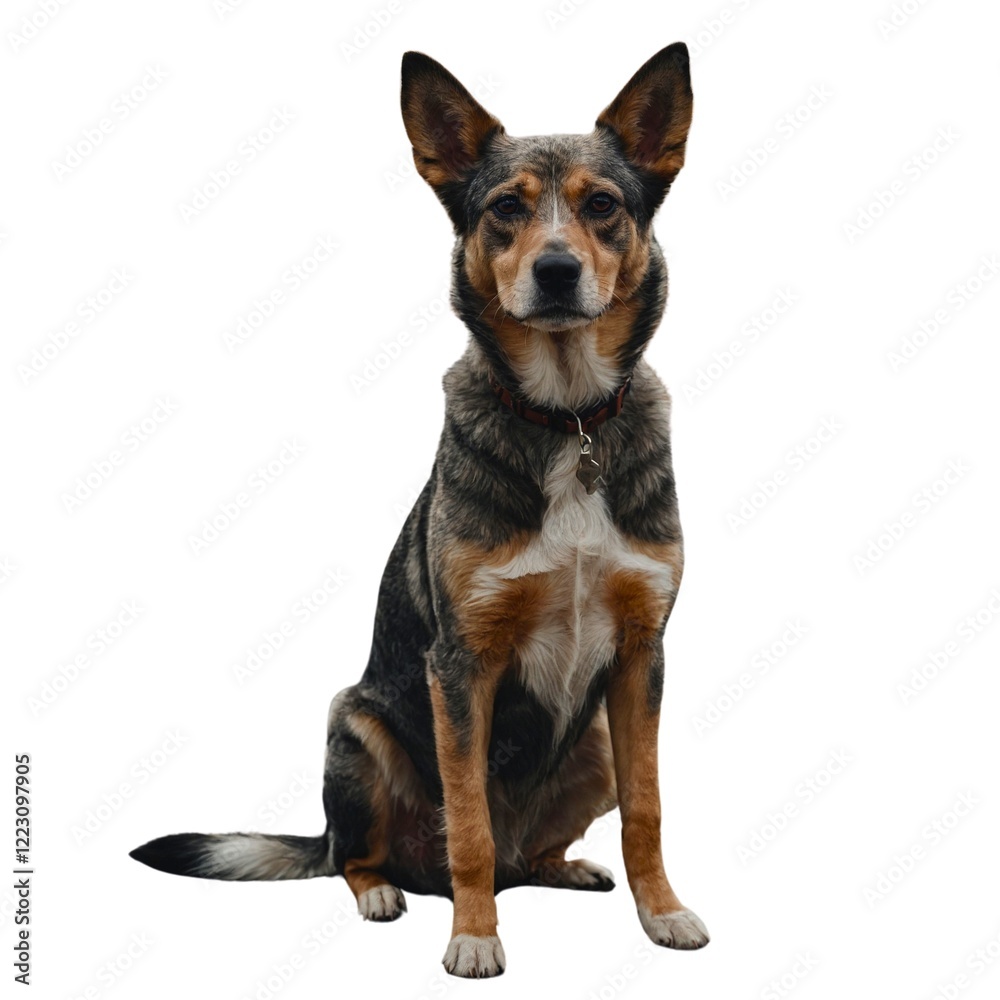 Australian cattle dog isolated in white background, ai generative. Alert black and tan mixed-breed dog with upright ears on white background. Australian cattle dog isolated in white background, ai generative. Alert black and tan mixed-breed dog with upright ears on white background.