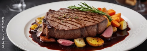 Beef steak served with a rich, full-bodied wine sauce , savory wine sauce, meaty goodness, wine and beef photo