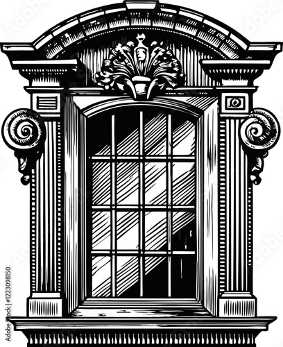 Vintage Architectural Window with Ornate Details and Classical Design in Black and White Line Art Style