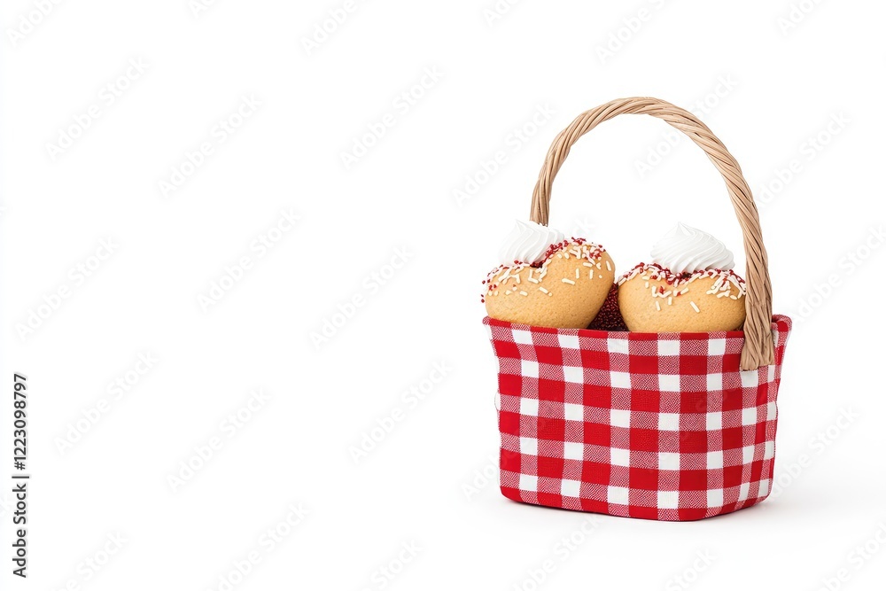 A charming picnic basket filled with two delicious cupcakes topped with whipped cream and sprinkles A charming picnic basket filled with two delicious cupcakes topped with whipped cream and sprinkles