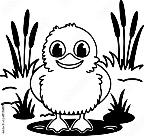 Cute baby duckling in a natural wetland setting, adorable wildlife, children's illustration, black and white vector art