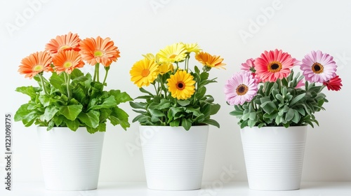 Wallpaper Mural A collection of vibrant fresh flower plants in simple, minimalist pots set against a clean white background, highlighting the vivid colors and natural beauty. Torontodigital.ca