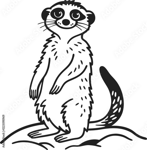 Cute Kat Suricata illustration in a standing pose, black and white, , wildlife art