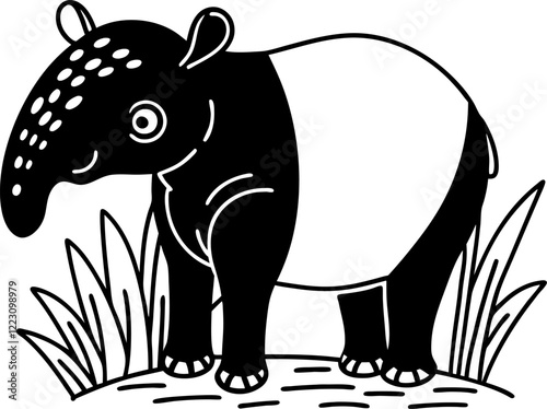 Black and white vector illustration of a tapir standing among grass, wildlife, nature, tropical habitat, animal silhouette