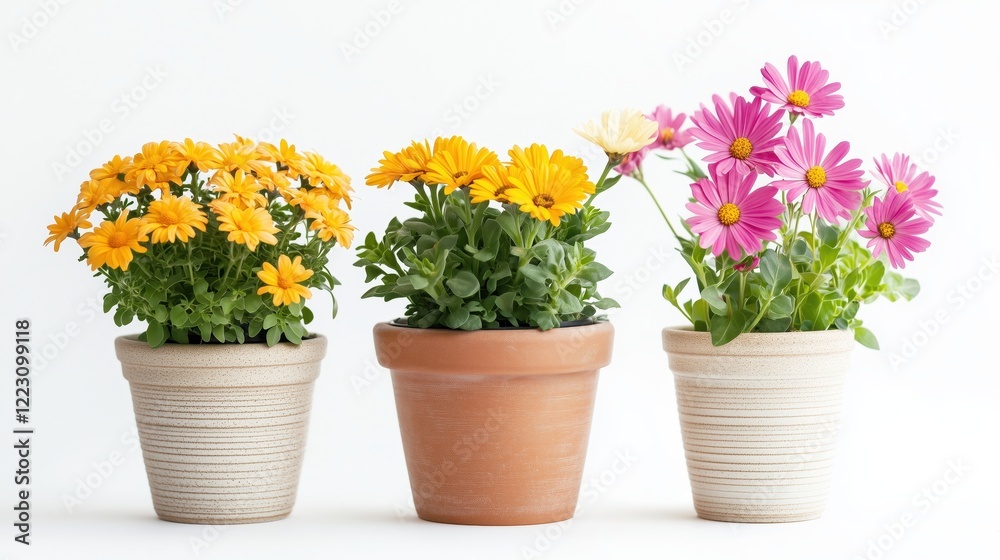 A collection of vibrant fresh flower plants in simple, minimalist pots set against a clean white background, highlighting the vivid colors and natural beauty. A collection of vibrant fresh flower plants in simple, minimalist pots set against a clean white background, highlighting the vivid colors and natural beauty.