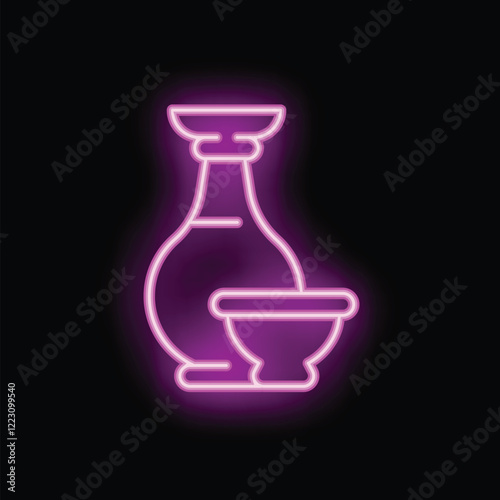 Neon sign representing a sake set with bottle and cup, glowing pink on black background