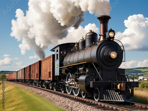 A vintage steam locomotive pulling a line of freight cars along a railway track, set against a backdrop of a clear sky with clouds and a distant landscape.