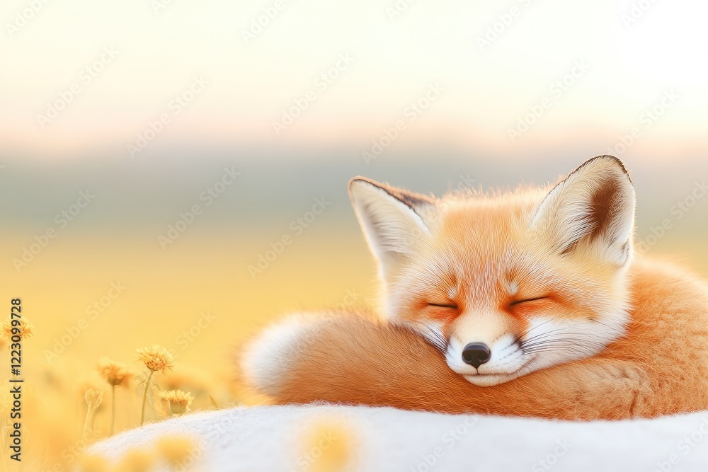 Obraz premium A serene red fox peacefully sleeping amidst a field of golden flowers at sunset, radiating tranquility