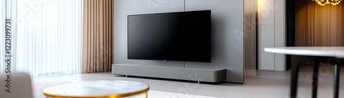 Modern living room featuring a sleek television and elegant decor elements. photo