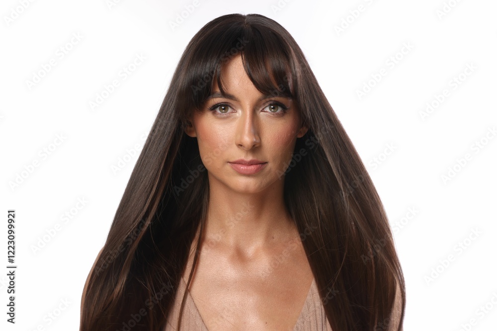 Hair styling. Portrait of beautiful woman with straight long hair on white background Hair styling. Portrait of beautiful woman with straight long hair on white background