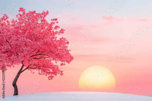 Serene sunset with a blooming cherry blossom tree against a pastel sky, evoking tranquility