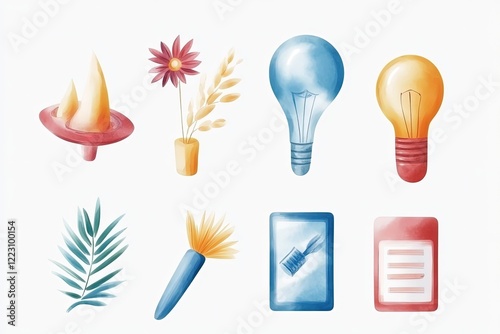 Colorful illustrations of various objects including flowers, light bulbs, and tools on a white background