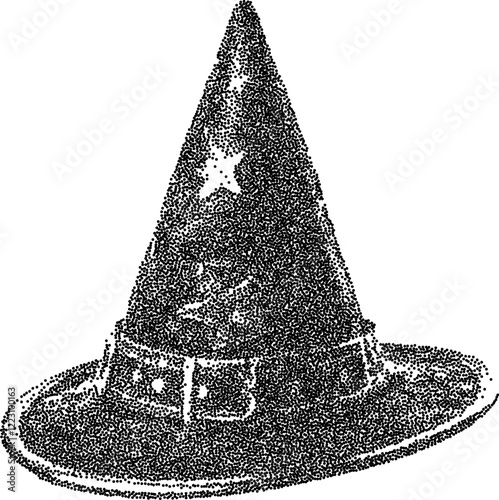 Witch hat vintage y2k stipple art, hat halftone stipple brutalist retro vector png with transparent background, magic 2000s aesthetic photocopy effect tattoo