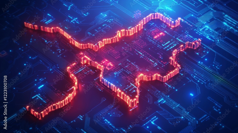 Obraz premium AI-driven innovation, glowing circuit board designs forming the shape of the Great Wall of China, 16:9