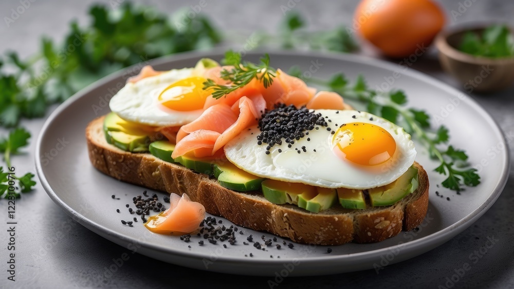 Two pieces of whole grain toast topped with slices of avocado Two pieces of whole grain toast topped with slices of avocado