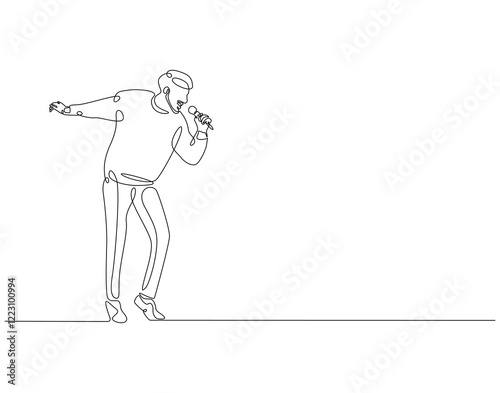 Continuous one line drawing of singer holding microphone. One line drawing illustration of man singing. Musician perfomance concept single line. Editable outline