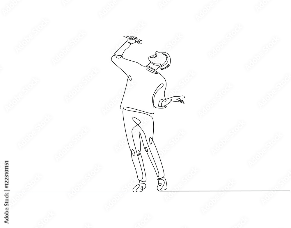 Continuous one line drawing of singer holding microphone. One line drawing illustration of man singing. Musician perfomance concept single line. Editable outline Continuous one line drawing of singer holding microphone. One line drawing illustration of man singing. Musician perfomance concept single line. Editable outline