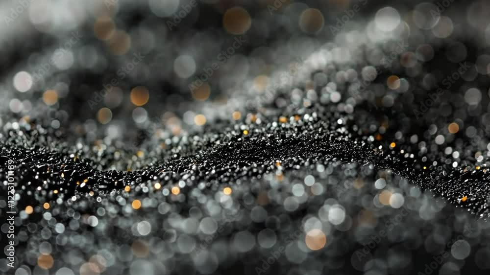A close-up of shimmering black particles with bokeh highlights, creating a textured visual effect footage A close-up of shimmering black particles with bokeh highlights, creating a textured visual effect footage