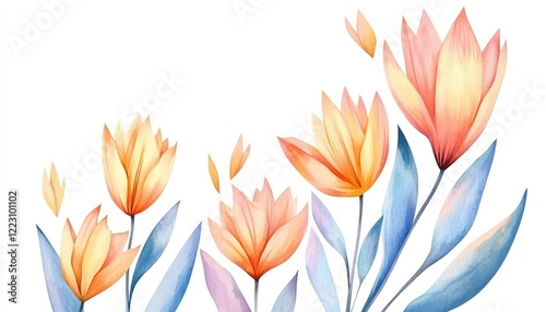 Vibrant watercolor illustration of blooming tulips in soft pastel colors on a white background