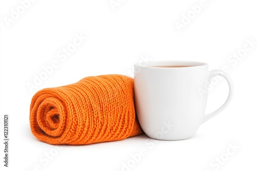 Cozy scene featuring a warm orange knitted blanket rolled beside a steaming white cup of tea