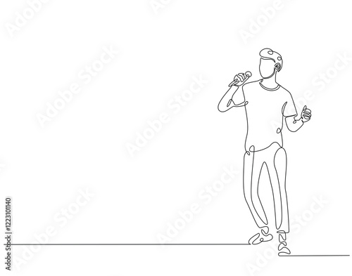 Continuous one line drawing of singer holding microphone. One line drawing illustration of man singing. Musician perfomance concept single line. Editable outline