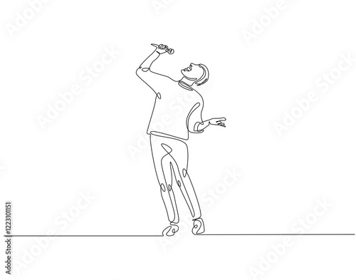 Continuous one line drawing of singer holding microphone. One line drawing illustration of man singing. Musician perfomance concept single line. Editable outline
