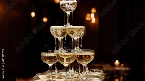 Champagne tower celebration at an elegant event with pouring bubbles and glowing ambiance