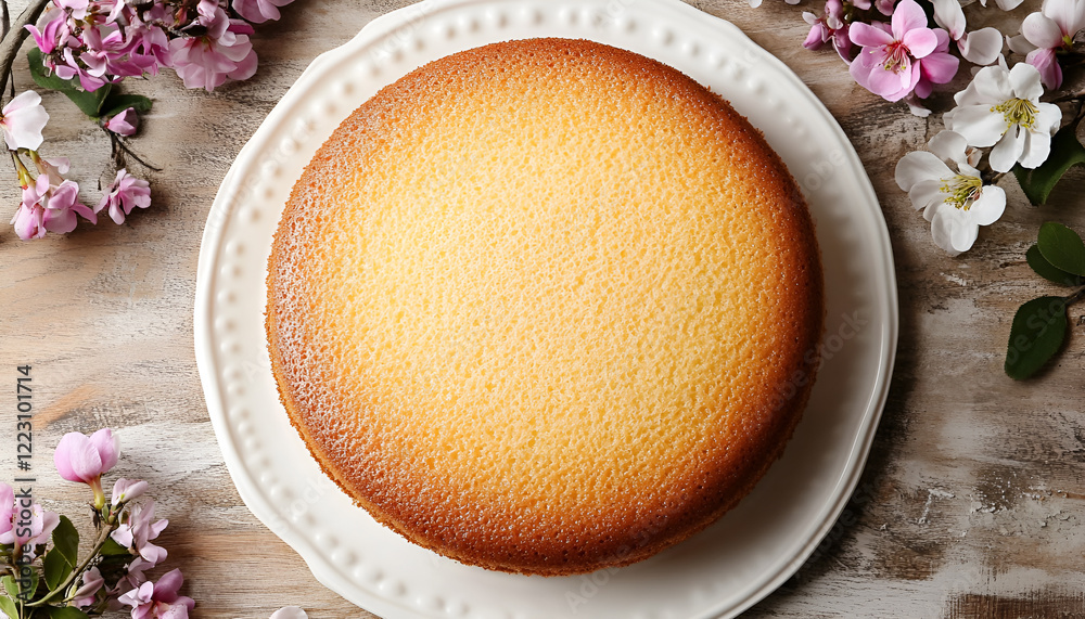Freshly baked sponge cake on the table, top view Freshly baked sponge cake on the table, top view