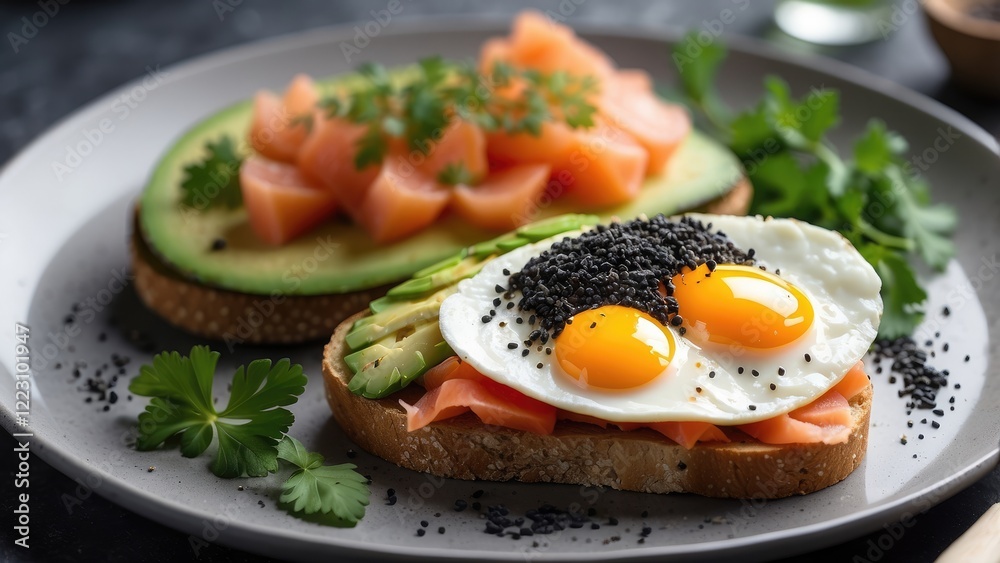 Two pieces of whole grain toast topped with slices of avocado Two pieces of whole grain toast topped with slices of avocado