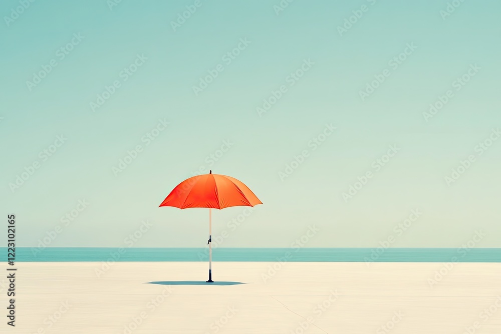 Vibrant red umbrella stands alone on a serene beach with a clear blue sky and calm ocean Vibrant red umbrella stands alone on a serene beach with a clear blue sky and calm ocean