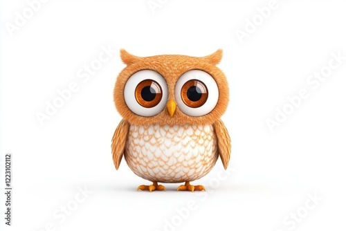 Cartoon-style fluffy owl character with large eyes standing on a white background, ideal for children's media