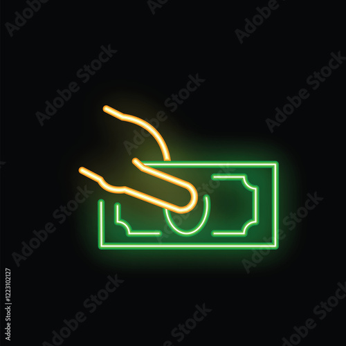 Neon sign illustrating a hand picking up a bill of money