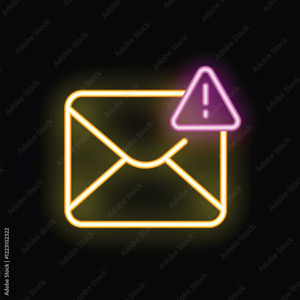 Glowing neon envelope icon with an exclamation point sign, representing a warning message or important notification Glowing neon envelope icon with an exclamation point sign, representing a warning message or important notification