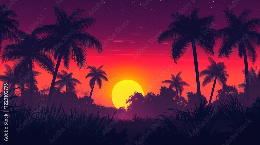 Fototapeta premium A stunning tropical panorama featuring a vibrant sunset with fiery orange and pink hues, framed by the silhouette of swaying palm trees.