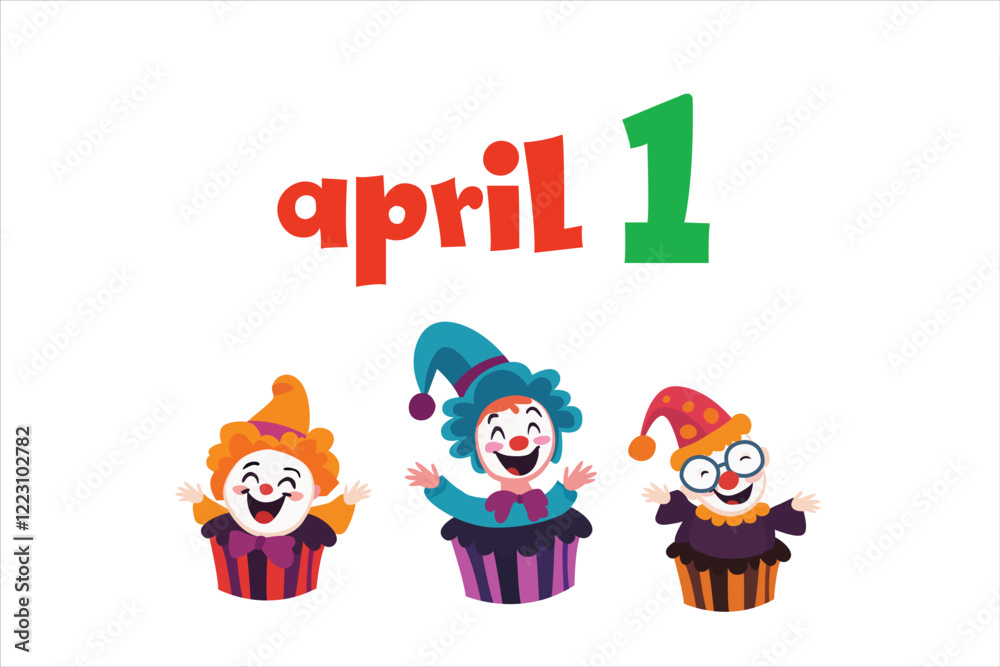 Naklejka premium April 1 text with three cheerful clown cupcakes, perfect for celebrating April Fools Day in a playful and fun design.