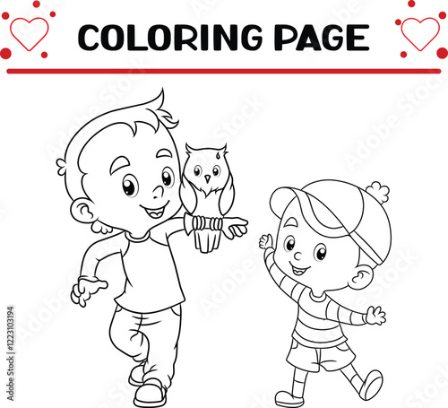 big brother little boy is playing with owl coloring page for kids