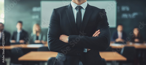 Business leader addressing a team of professionals with a blank digital whiteboard behind them leaving space for text at the top