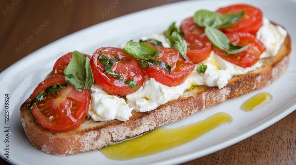 A delicious bruschetta topped with fresh tomatoes, creamy mozzarella, and basil drizzled with olive oil on toasted bread. A delicious bruschetta topped with fresh tomatoes, creamy mozzarella, and basil drizzled with olive oil on toasted bread.