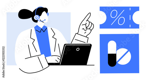 Medical professional with headset working on laptop while pointing at prescription and discount visuals. Ideal for healthcare, telemedicine, online medicine, virtual consultations, healthcare