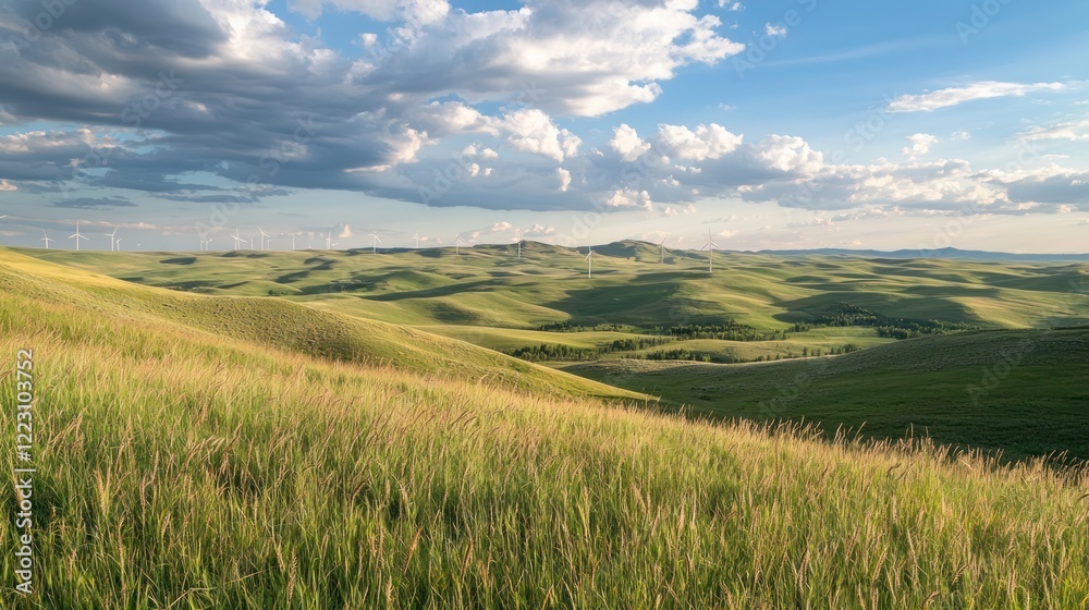 Wind turbines spinning on a hillside with green fields in the background Wind turbines spinning on a hillside with green fields in the background
