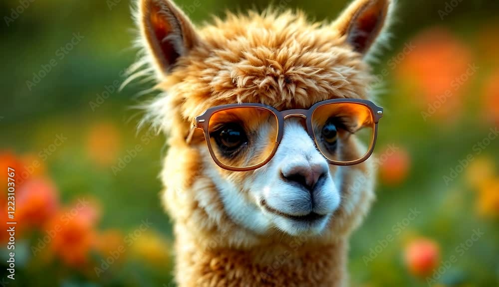 Close-up of a fluffy alpaca wearing glasses, set against a backdrop of colorful flowers.