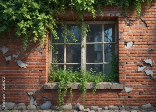 Broken window on a brick wall with overgrown vegetation growing out of the crack, decay, foliage