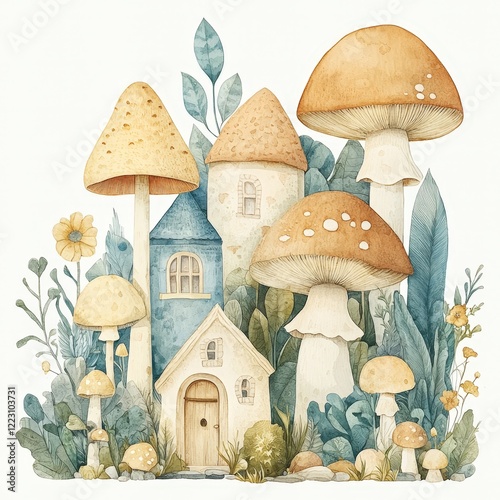 Whimsical Mushroom Village Illustration